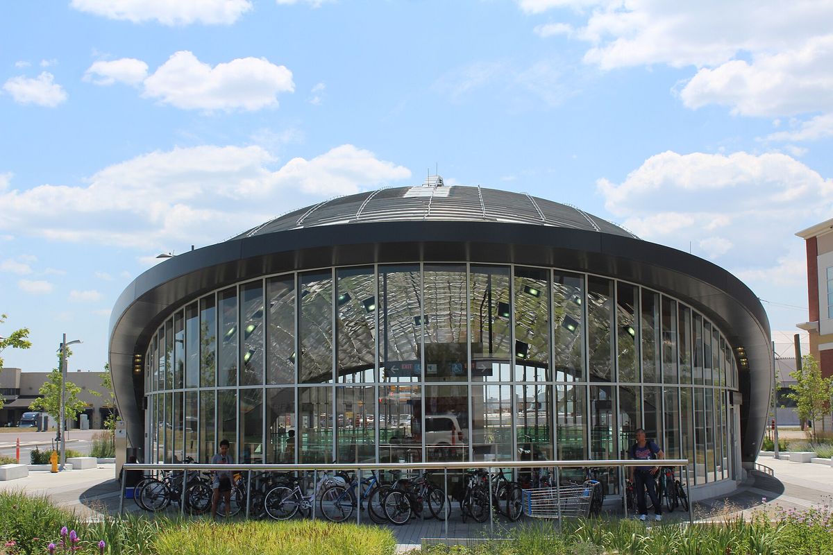 The round glass entrance of Vaughan Metropolitan Centre subway station on TTC Line 1 in Vaughan, Ontario.
